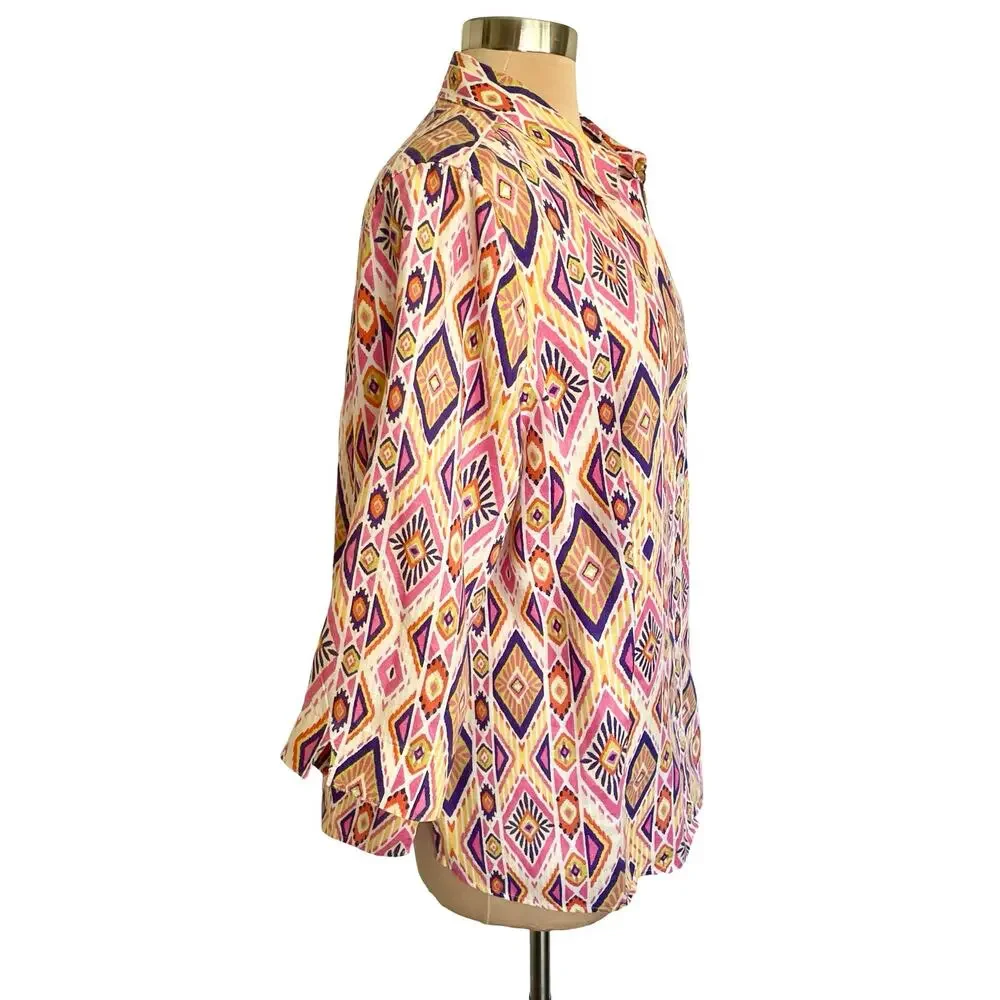 Chico's No Iron 100% Linen Button Down Tunic Sz XL Bright Geometric Print Summer